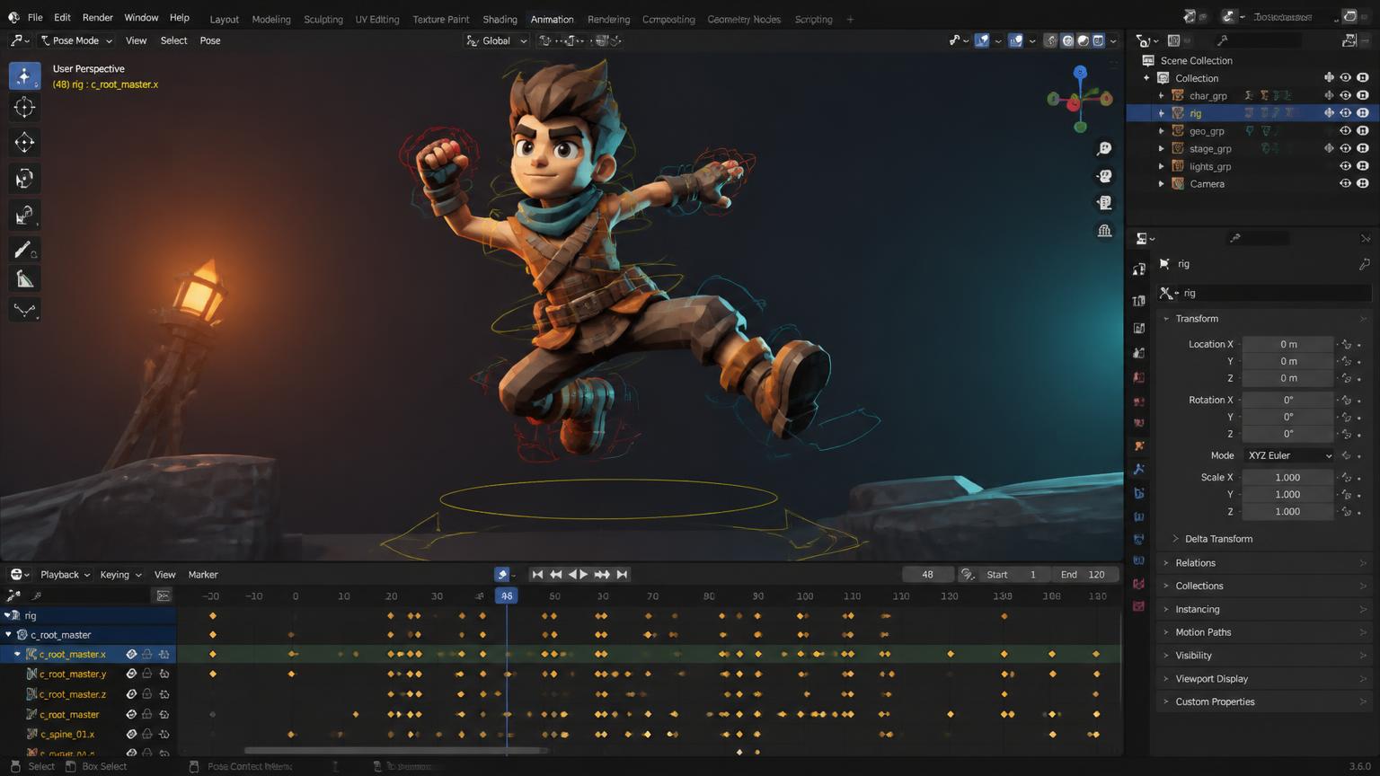Personagem 3D em pose de salto dentro do Blender, com a linha do tempo da animação